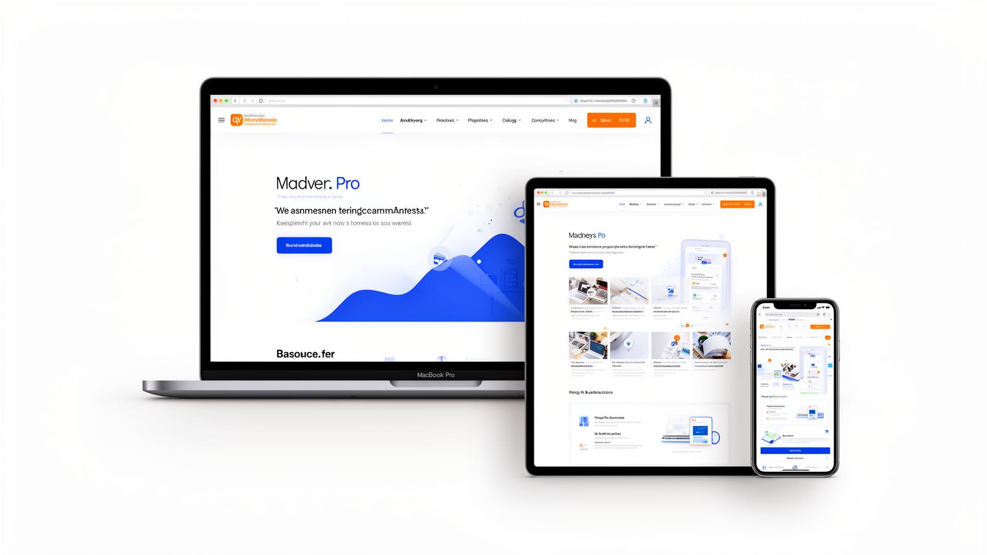 Sites profissionais exibidos em notebook, tablet e smartphone
